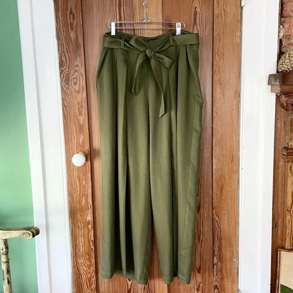 Eileen Fisher Heavy Tencel Twill Tie Waist Wide Leg Olive Pants - Sz 12💛🎀
